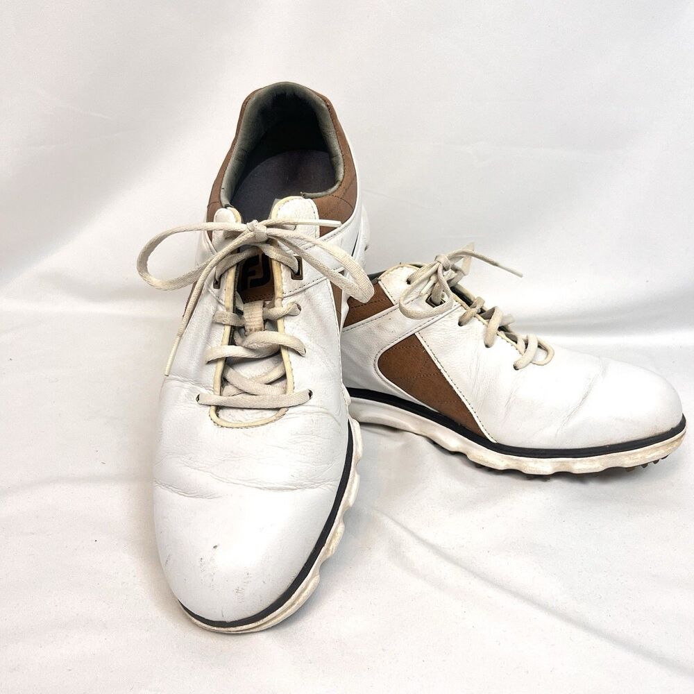 FootJoy Pro SL Golf Shoes Men 9.5M White Brown Spikeless Leather Athletic